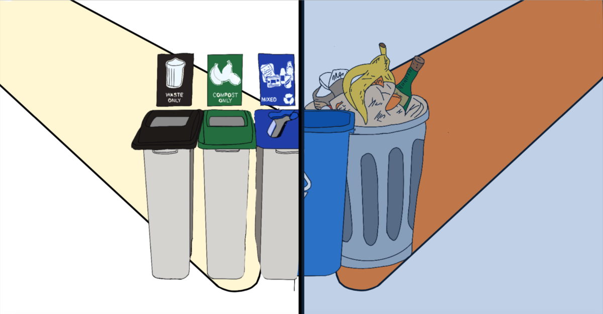 Spurred by a district-wide effort to transition toward greener practices, Lynbrook has finished installing new LED lighting in the theater and begun implementing sortable waste-disposal bins for the 2024-25 school year. Illustration by Maddy Chang, Claire Guo, Robert Yu, Stuti Jain, and Emily Pedroza
